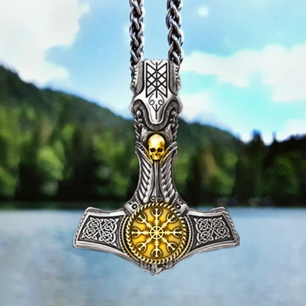 Stainless Steel Mjolnir with Skull and Helm of Awe